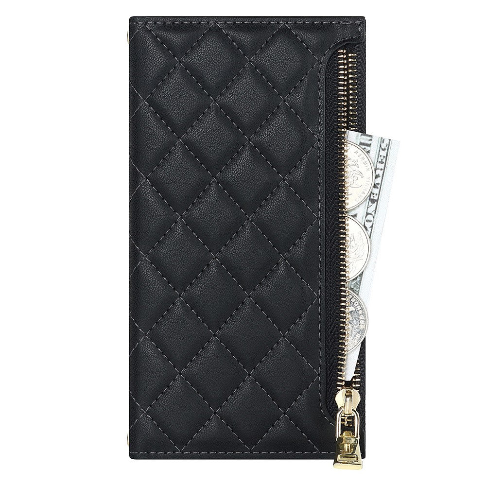For iPhone 12 Pro Max 6.7 inch Rhombus Imprinted Zipper Pocket Phone Case PU Leather Wallet Stand Cover with Shoulder Strap