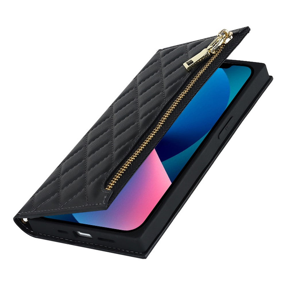 For iPhone 12 Pro Max 6.7 inch Rhombus Imprinted Zipper Pocket Phone Case PU Leather Wallet Stand Cover with Shoulder Strap