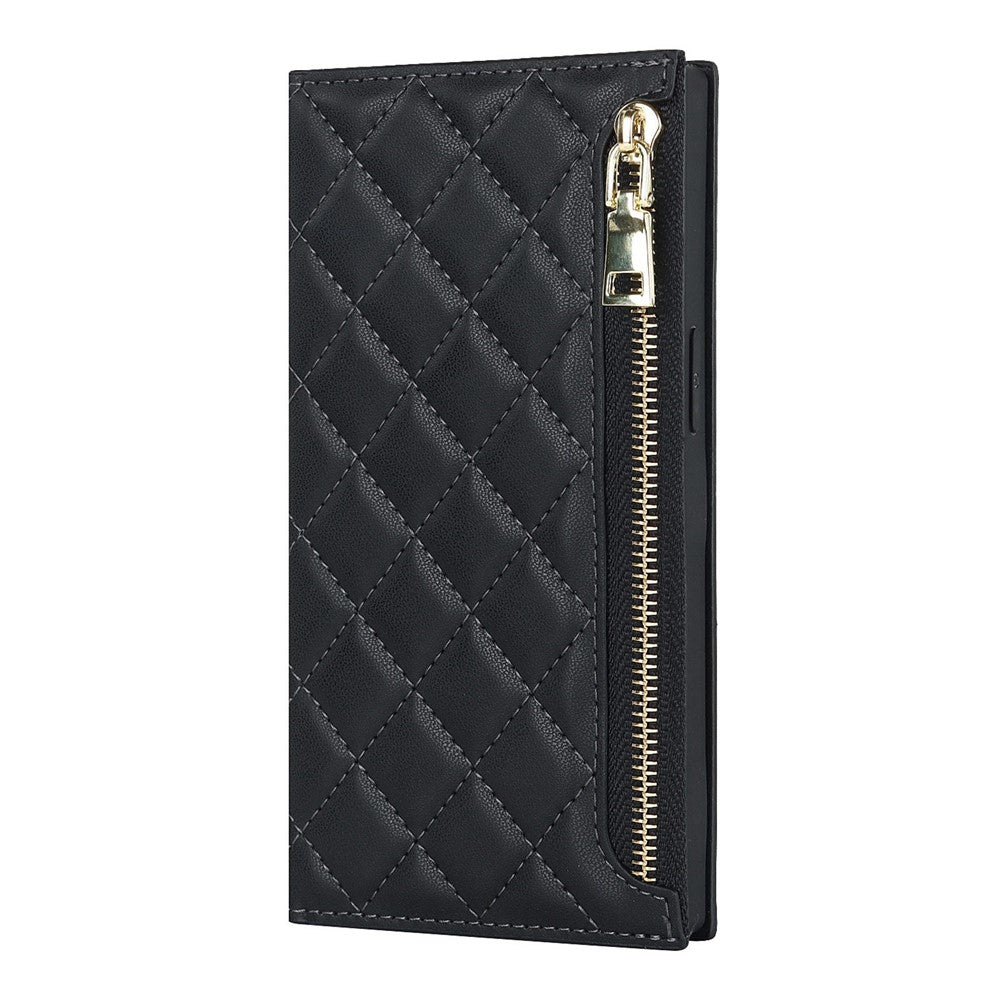 For iPhone 12 Pro Max 6.7 inch Rhombus Imprinted Zipper Pocket Phone Case PU Leather Wallet Stand Cover with Shoulder Strap
