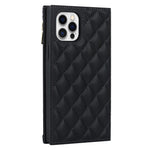 For iPhone 12 Pro Max 6.7 inch Rhombus Imprinted Zipper Pocket Phone Case PU Leather Wallet Stand Cover with Shoulder Strap