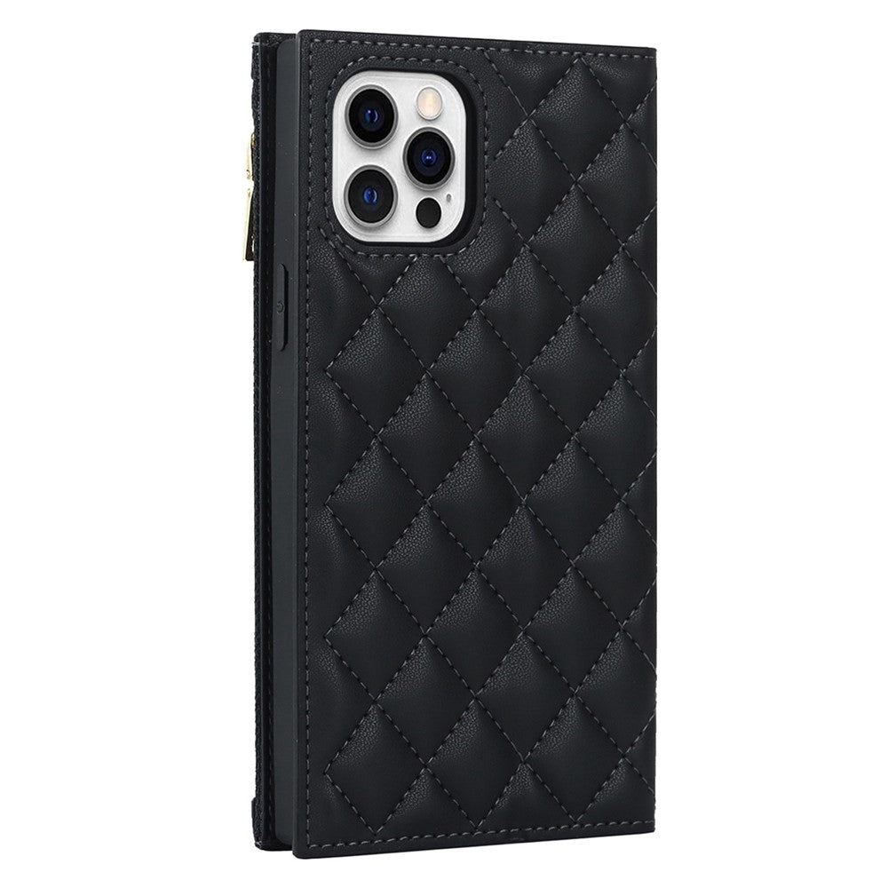 For iPhone 12 Pro Max 6.7 inch Rhombus Imprinted Zipper Pocket Phone Case PU Leather Wallet Stand Cover with Shoulder Strap