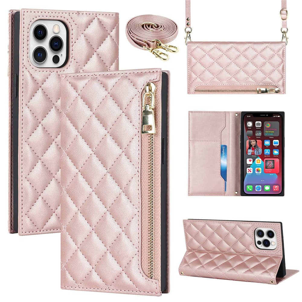 For iPhone 12 Pro Max 6.7 inch Rhombus Imprinted Zipper Pocket Phone Case PU Leather Wallet Stand Cover with Shoulder Strap