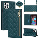 For iPhone 12 Pro Max 6.7 inch Rhombus Imprinted Zipper Pocket Phone Case PU Leather Wallet Stand Cover with Shoulder Strap