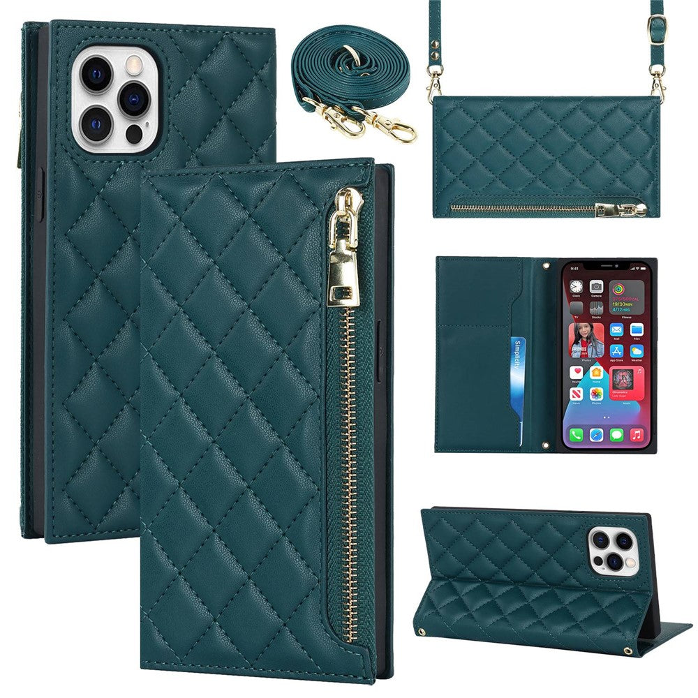 For iPhone 12 Pro Max 6.7 inch Rhombus Imprinted Zipper Pocket Phone Case PU Leather Wallet Stand Cover with Shoulder Strap