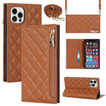 For iPhone 12 Pro Max 6.7 inch Rhombus Imprinted Zipper Pocket Phone Case PU Leather Wallet Stand Cover with Shoulder Strap