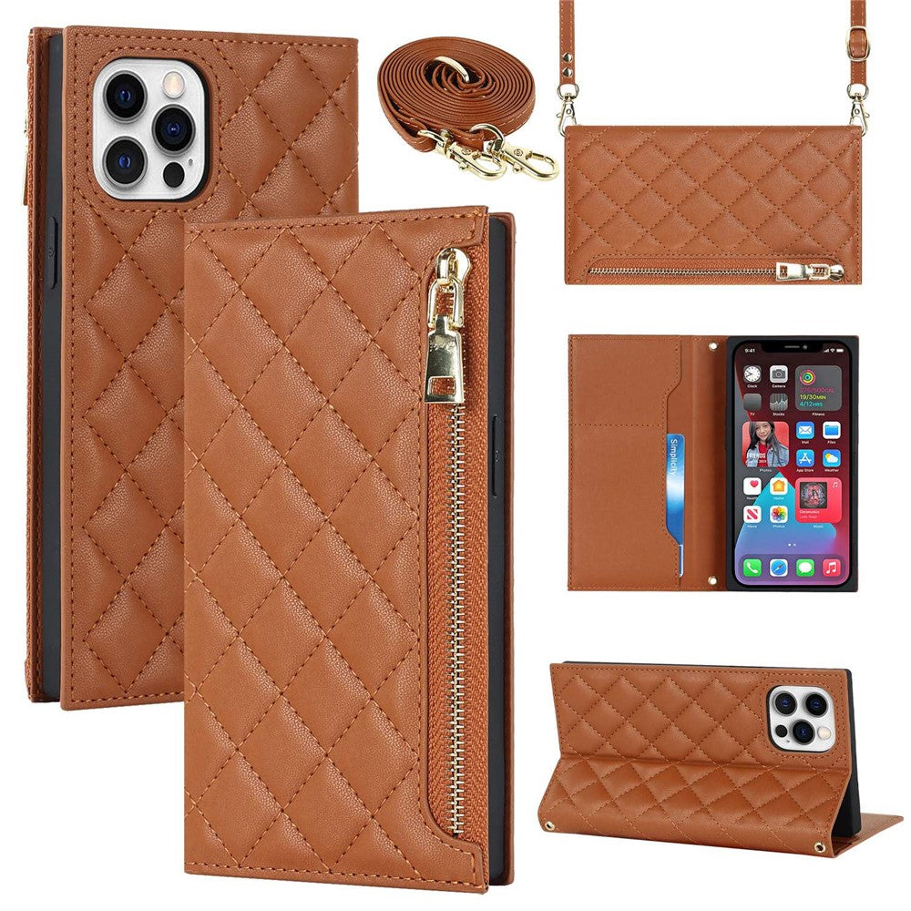 For iPhone 12 Pro Max 6.7 inch Rhombus Imprinted Zipper Pocket Phone Case PU Leather Wallet Stand Cover with Shoulder Strap