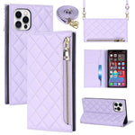 For iPhone 12 Pro Max 6.7 inch Rhombus Imprinted Zipper Pocket Phone Case PU Leather Wallet Stand Cover with Shoulder Strap