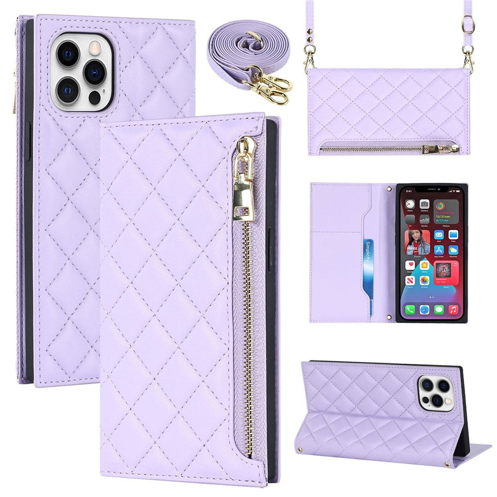 For iPhone 12 Pro Max 6.7 inch Rhombus Imprinted Zipper Pocket Phone Case PU Leather Wallet Stand Cover with Shoulder Strap