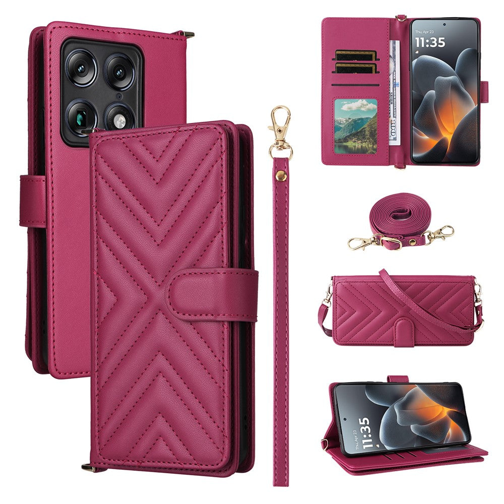 For Motorola Signature 5G / Moto X70 Air Pro 5G læder etui standerpung telefon cover med skulder-/håndledsrem