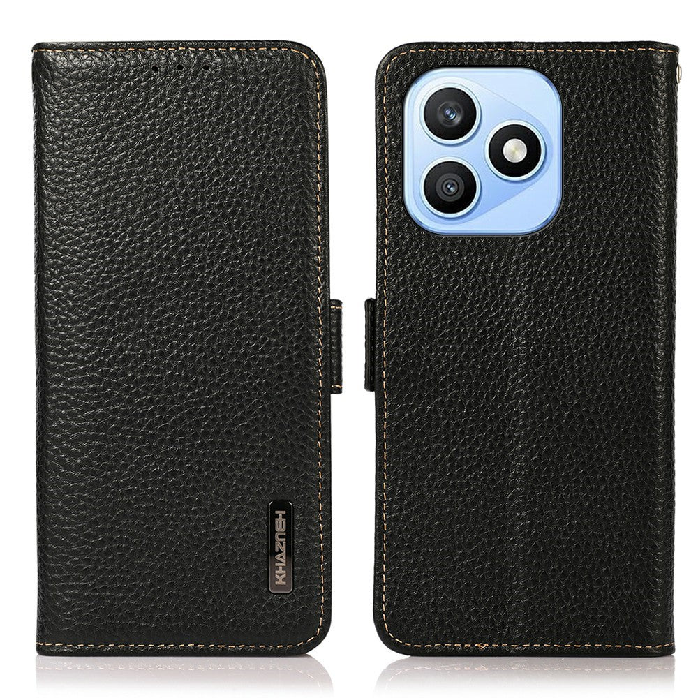 KHAZNEH for Honor X8d 4G Phone Case Litchi Texture Genuine Cow Leather Cover RFID Blocking