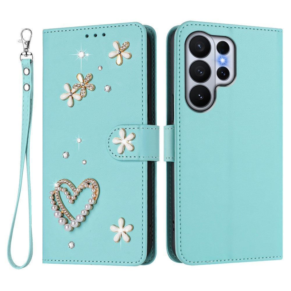For Samsung Galaxy S26 Ultra Case Pearls Heart Diamond Flower Decor Leather Wallet Phone Cover with Wrist Strap
