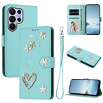 For Samsung Galaxy S26 Ultra Case Pearls Heart Diamond Flower Decor Leather Wallet Phone Cover with Wrist Strap