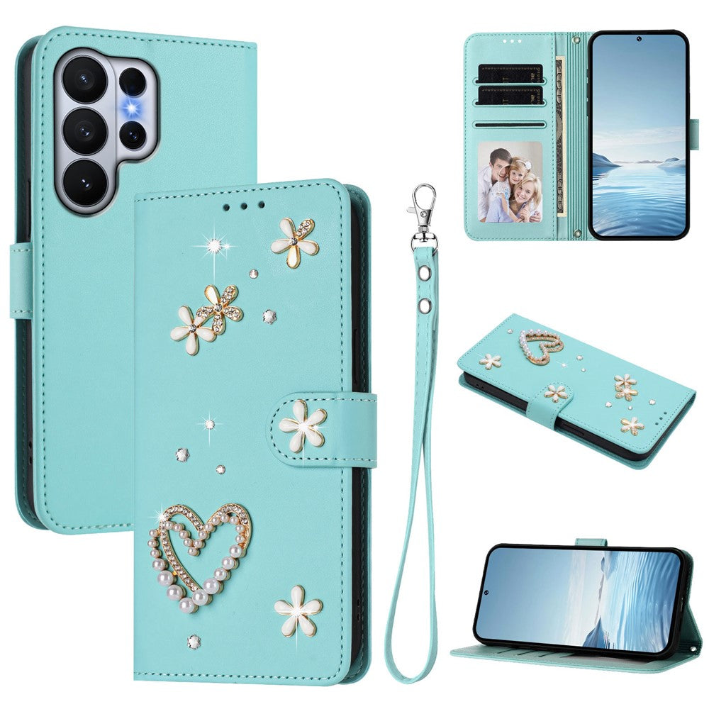 For Samsung Galaxy S26 Ultra Case Pearls Heart Diamond Flower Decor Leather Wallet Phone Cover with Wrist Strap