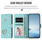 For Samsung Galaxy S26 Ultra Case Pearls Heart Diamond Flower Decor Leather Wallet Phone Cover with Wrist Strap