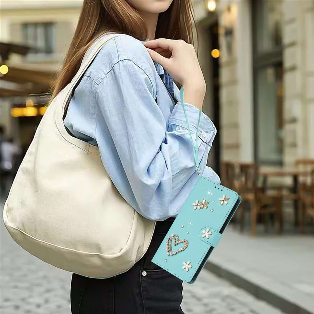 For Samsung Galaxy S26 Ultra Case Pearls Heart Diamond Flower Decor Leather Wallet Phone Cover with Wrist Strap