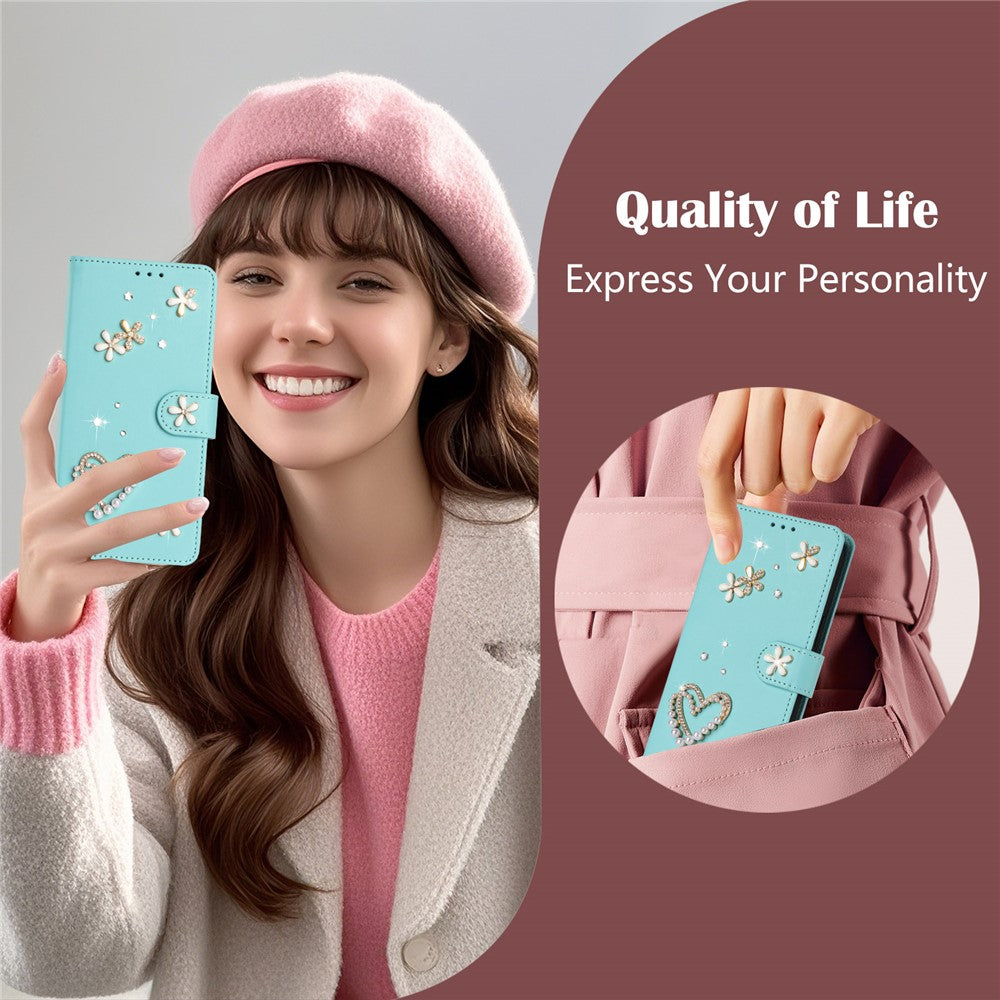 For Samsung Galaxy S26 Ultra Case Pearls Heart Diamond Flower Decor Leather Wallet Phone Cover with Wrist Strap