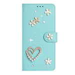 For Samsung Galaxy S26 Ultra Case Pearls Heart Diamond Flower Decor Leather Wallet Phone Cover with Wrist Strap