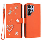 For Samsung Galaxy S26 Ultra Case Pearls Heart Diamond Flower Decor Leather Wallet Phone Cover with Wrist Strap