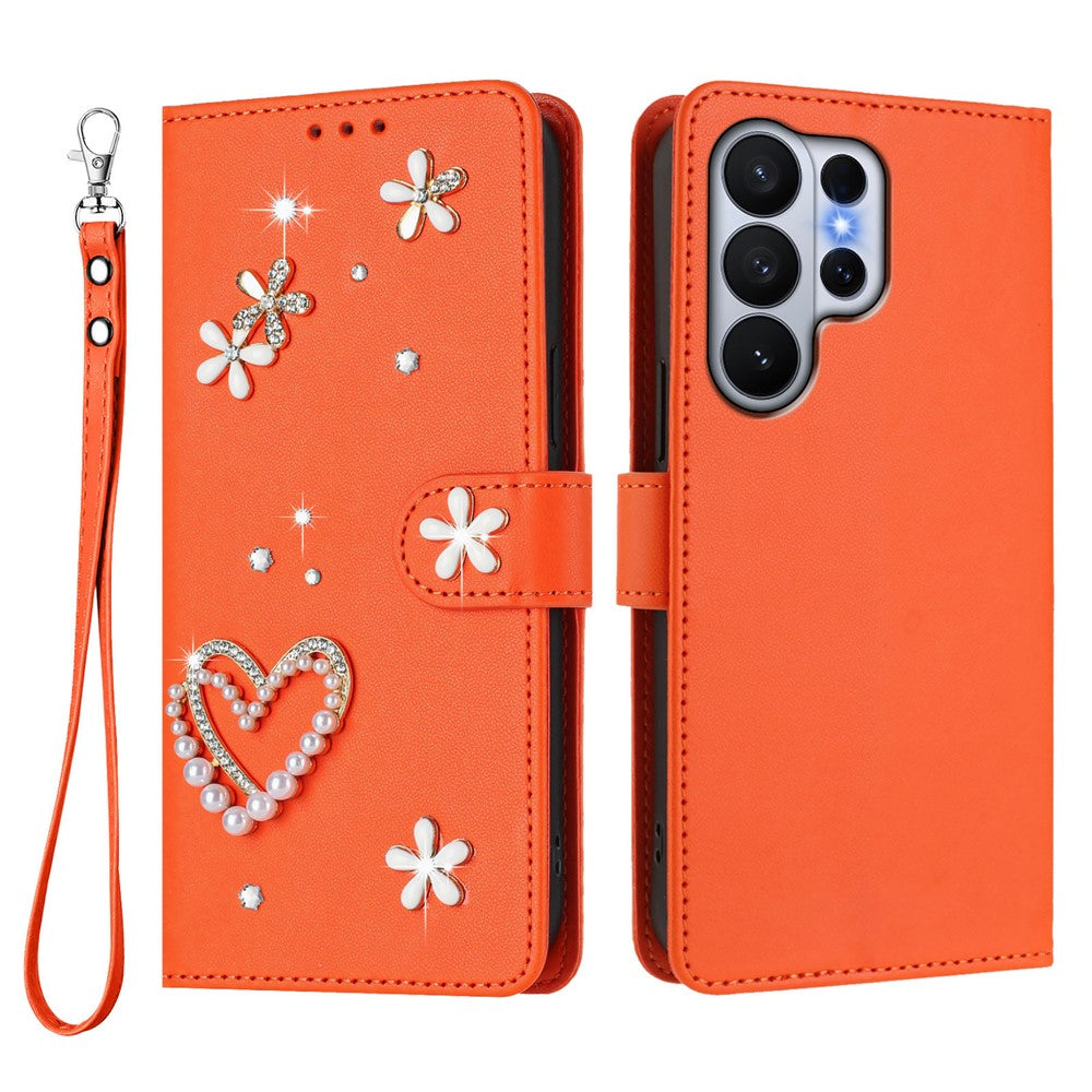 For Samsung Galaxy S26 Ultra Case Pearls Heart Diamond Flower Decor Leather Wallet Phone Cover with Wrist Strap
