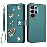 For Samsung Galaxy S26 Ultra Case Pearls Heart Diamond Flower Decor Leather Wallet Phone Cover with Wrist Strap