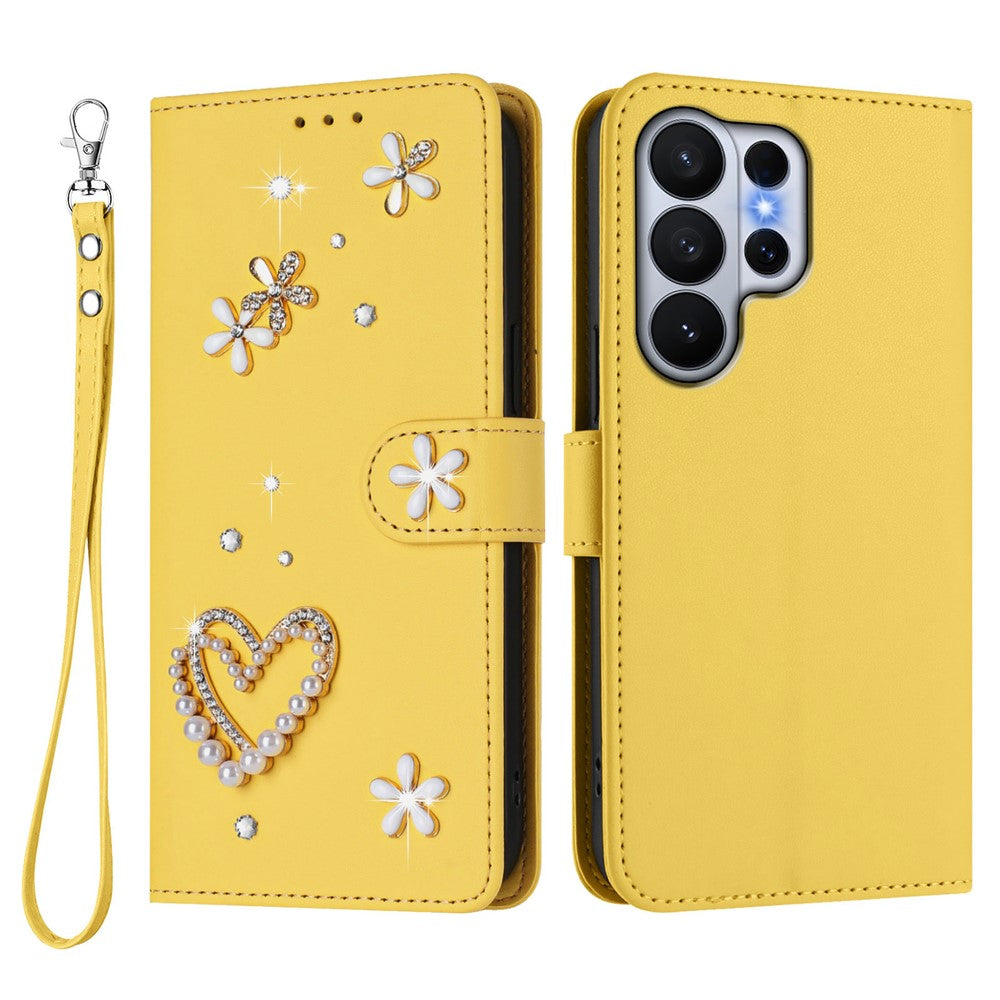 For Samsung Galaxy S26 Ultra Case Pearls Heart Diamond Flower Decor Leather Wallet Phone Cover with Wrist Strap