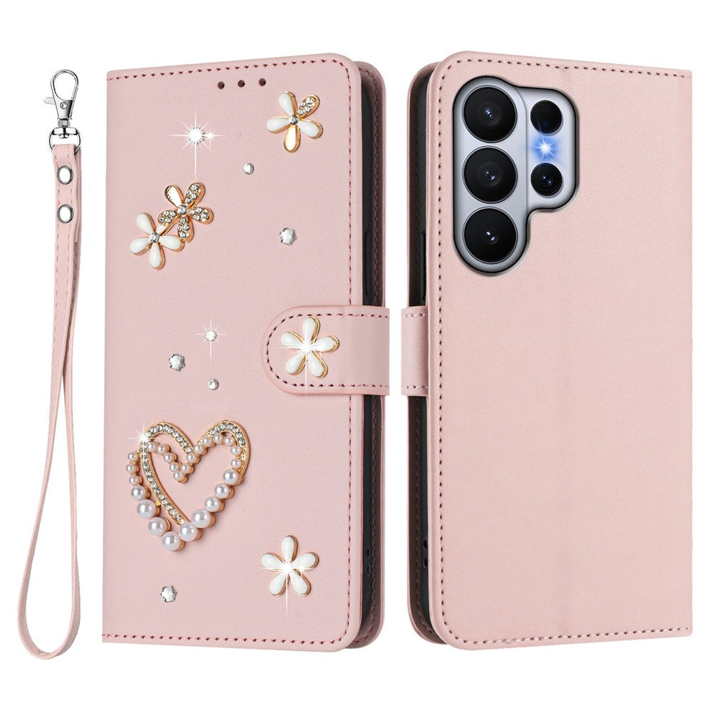 For Samsung Galaxy S26 Ultra Case Pearls Heart Diamond Flower Decor Leather Wallet Phone Cover with Wrist Strap