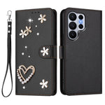 For Samsung Galaxy S26 Ultra Case Pearls Heart Diamond Flower Decor Leather Wallet Phone Cover with Wrist Strap