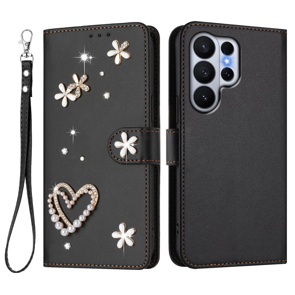 For Samsung Galaxy S26 Ultra Case Pearls Heart Diamond Flower Decor Leather Wallet Phone Cover with Wrist Strap