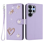 For Samsung Galaxy S26 Ultra Case Pearls Heart Diamond Flower Decor Leather Wallet Phone Cover with Wrist Strap