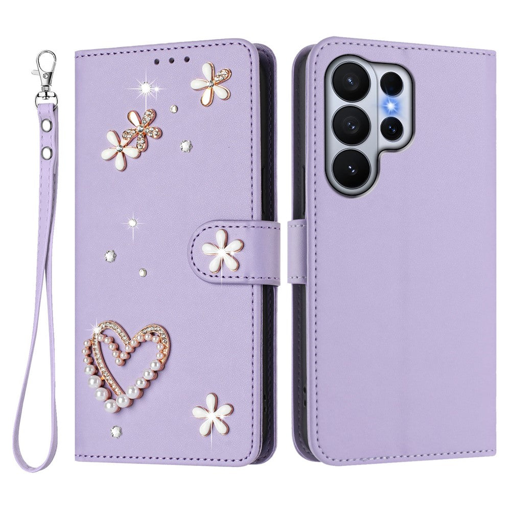 For Samsung Galaxy S26 Ultra Case Pearls Heart Diamond Flower Decor Leather Wallet Phone Cover with Wrist Strap