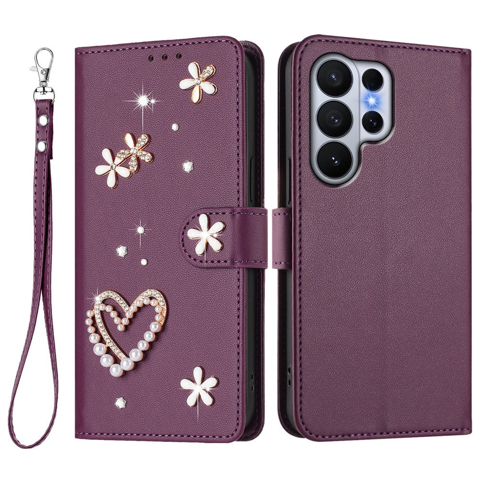 For Samsung Galaxy S26 Ultra Case Pearls Heart Diamond Flower Decor Leather Wallet Phone Cover with Wrist Strap