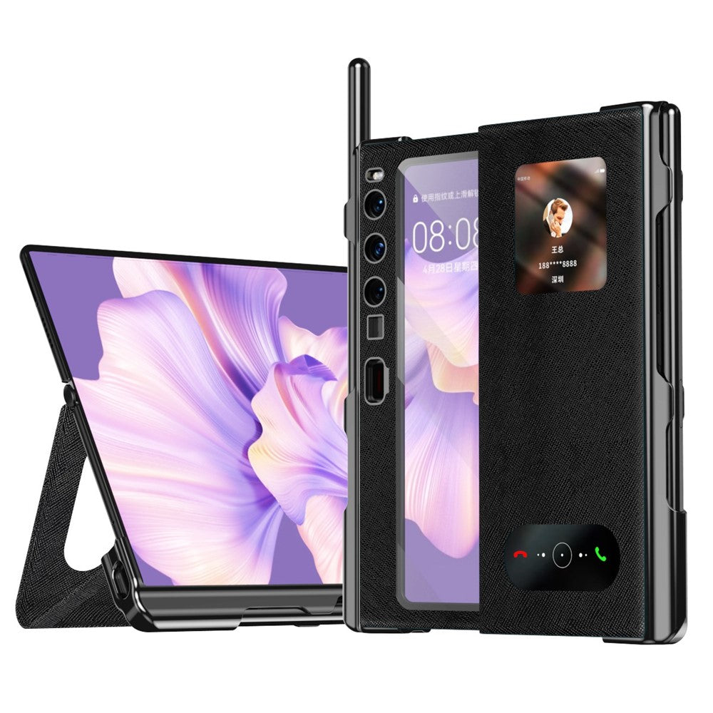 Huawei Mate Xs 2 Cross Texture Stand Folio mobilskal PU-läder + PC Anti-repskyddande galvaniserat skal med härdat glasfilm och styluspenna
