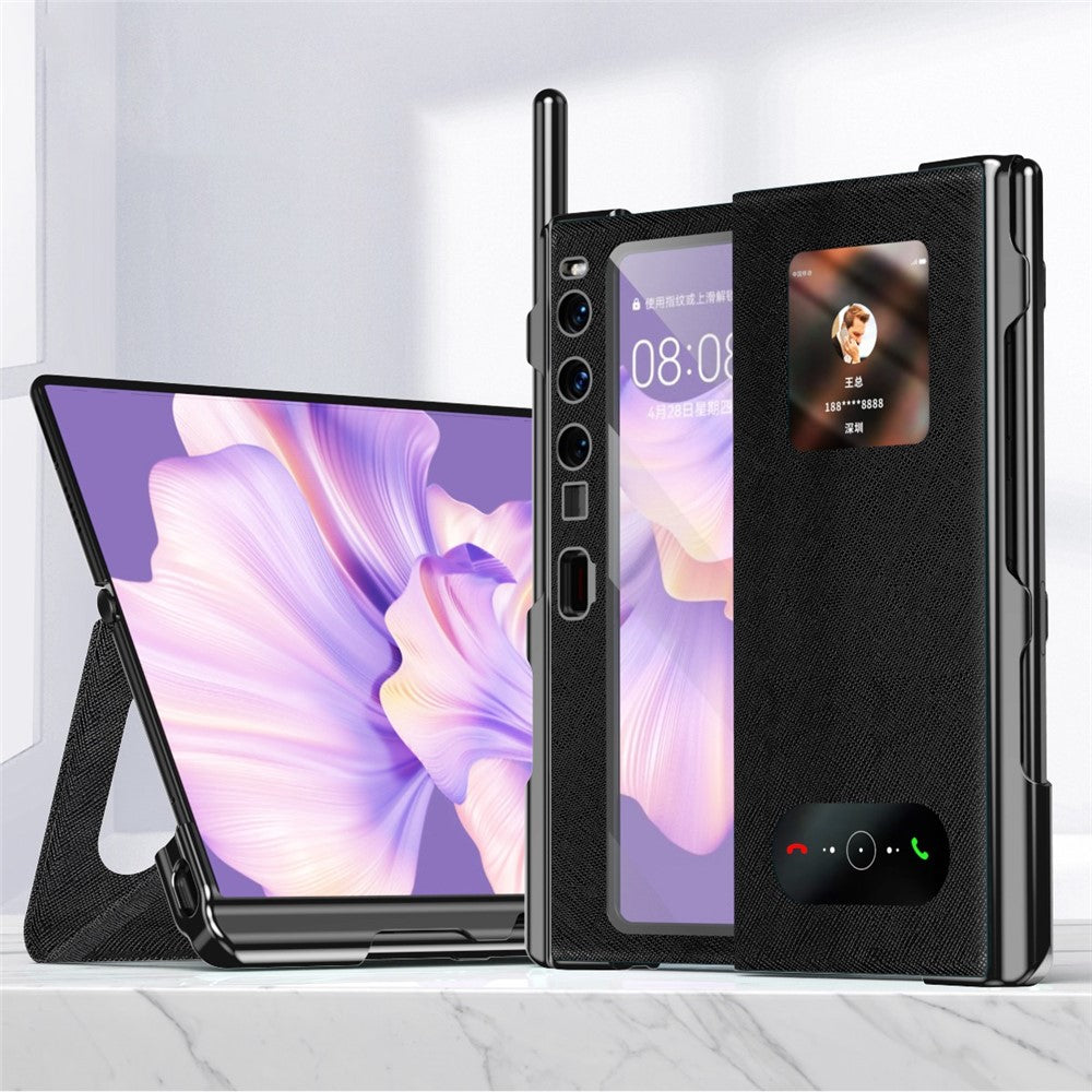 Huawei Mate Xs 2 Cross Texture Stand Folio mobilskal PU-läder + PC Anti-repskyddande galvaniserat skal med härdat glasfilm och styluspenna