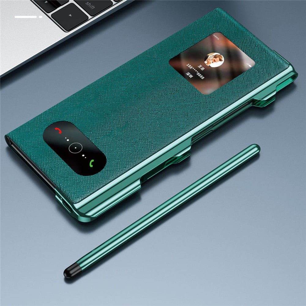 Huawei Mate Xs 2 Cross Texture Stand Folio mobilskal PU-läder + PC Anti-repskyddande galvaniserat skal med härdat glasfilm och styluspenna
