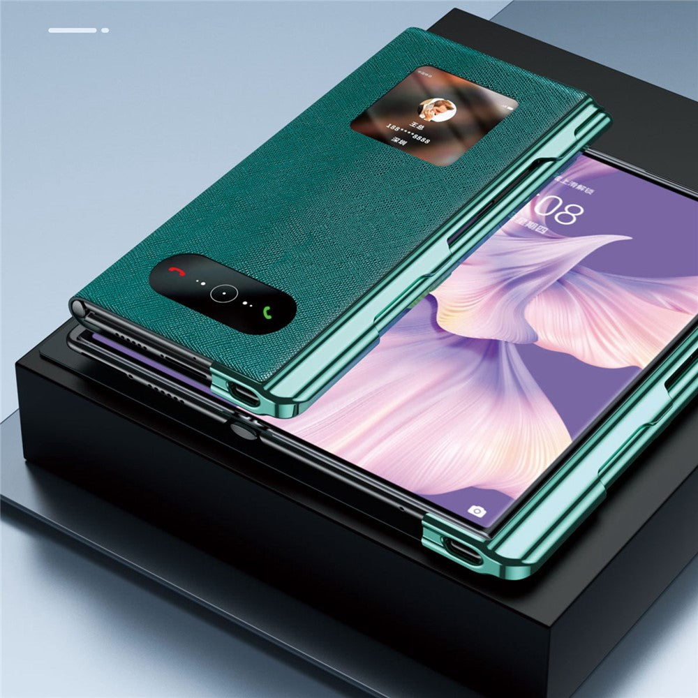 Huawei Mate Xs 2 Cross Texture Stand Folio mobilskal PU-läder + PC Anti-repskyddande galvaniserat skal med härdat glasfilm och styluspenna