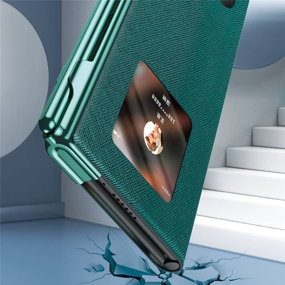 Huawei Mate Xs 2 Cross Texture Stand Folio mobilskal PU-läder + PC Anti-repskyddande galvaniserat skal med härdat glasfilm och styluspenna
