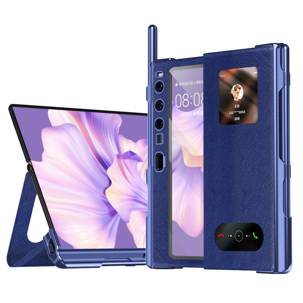 Huawei Mate Xs 2 Cross Texture Stand Folio mobilskal PU-läder + PC Anti-repskyddande galvaniserat skal med härdat glasfilm och styluspenna