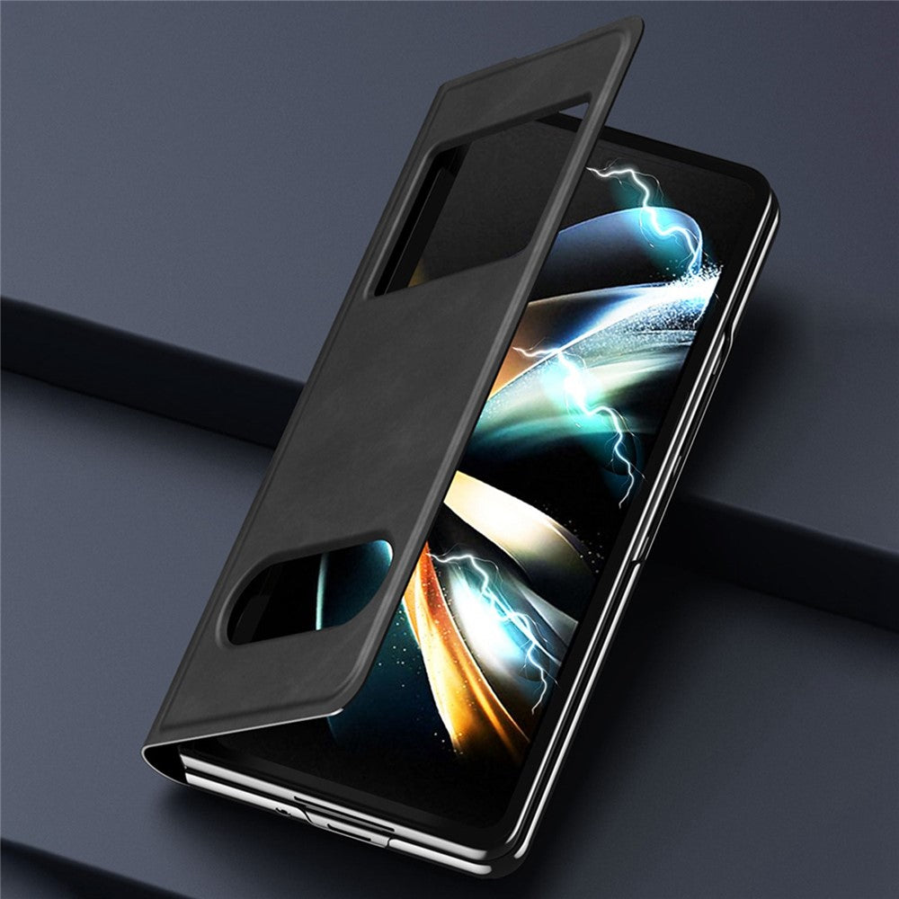 For Samsung Galaxy Z Fold4 5G View Window Design Folding Phone Protective Cover Nappa Texture PU Leather + PC Drop Resistant Case with Stand