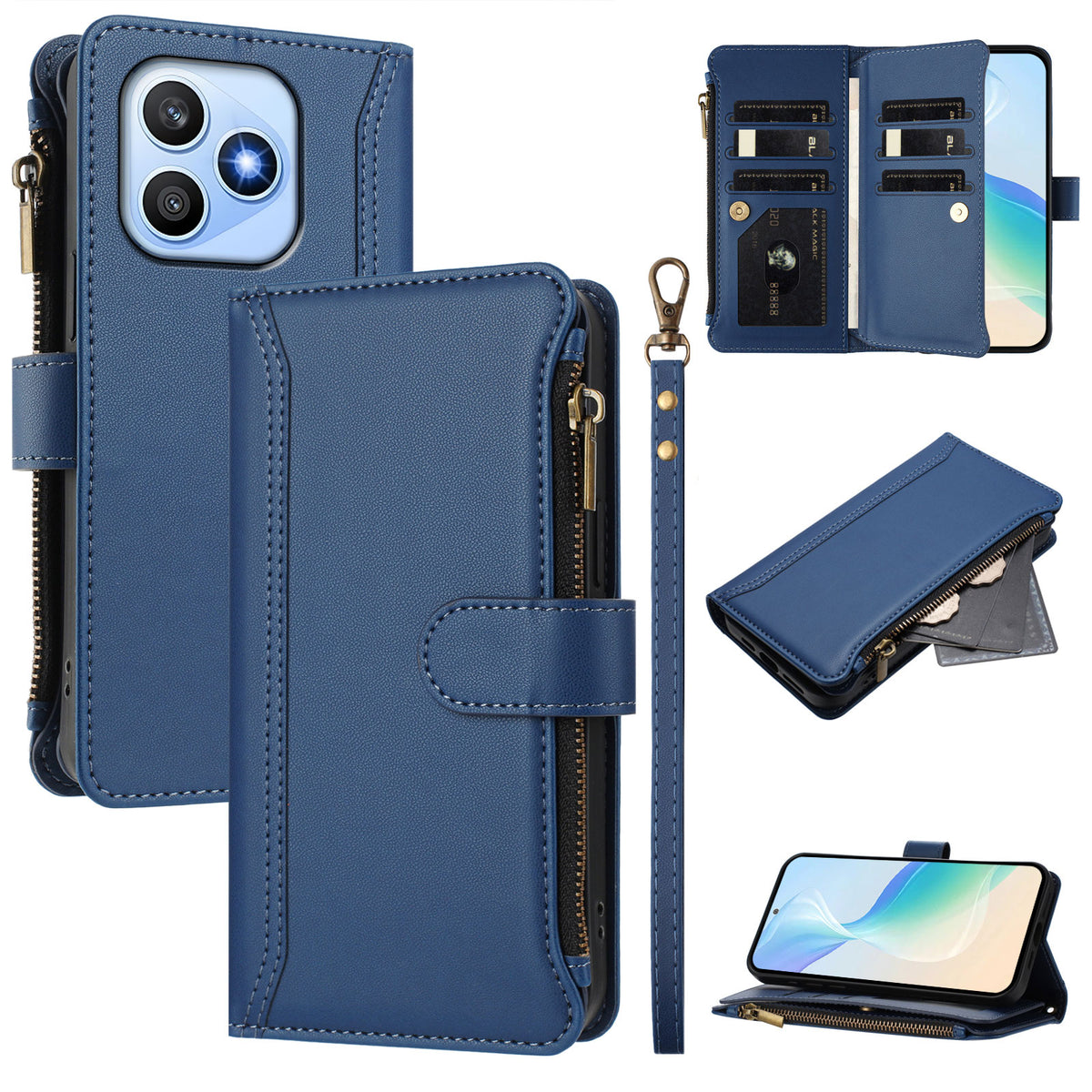 For Honor X8d 4G Leather Case 9 Card Slots Zipper Wallet Stand Phone Cover with Wrist Strap