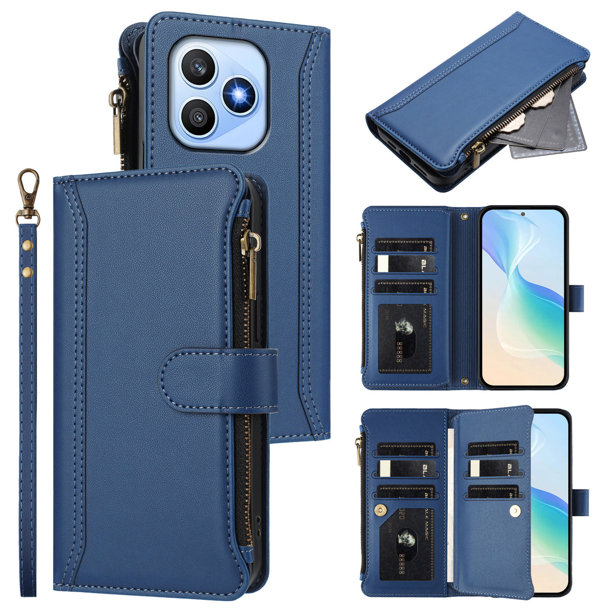 For Honor X8d 4G Leather Case 9 Card Slots Zipper Wallet Stand Phone Cover with Wrist Strap