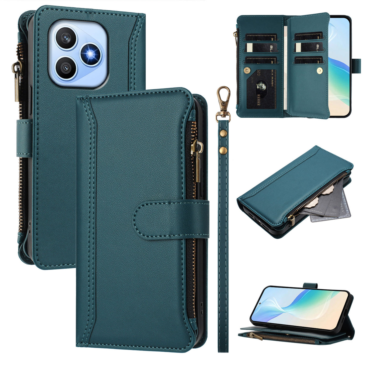 For Honor X8d 4G Leather Case 9 Card Slots Zipper Wallet Stand Phone Cover with Wrist Strap