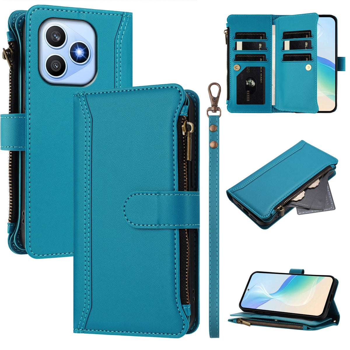 For Honor X8d 4G Leather Case 9 Card Slots Zipper Wallet Stand Phone Cover with Wrist Strap