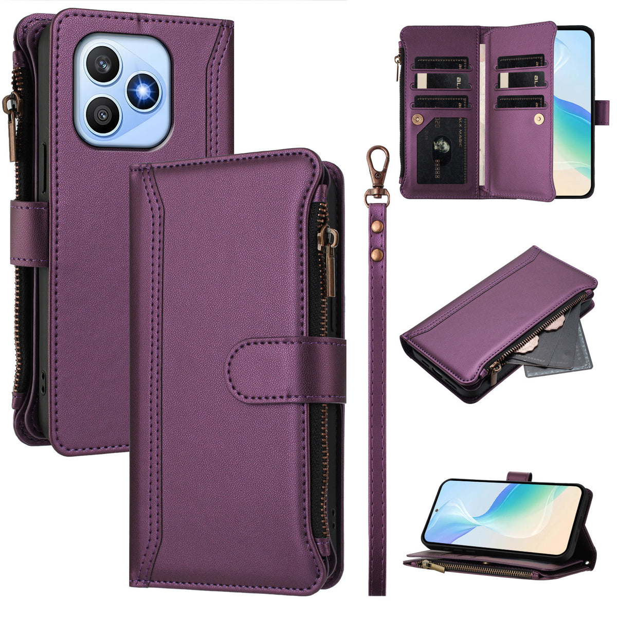 For Honor X8d 4G Leather Case 9 Card Slots Zipper Wallet Stand Phone Cover with Wrist Strap