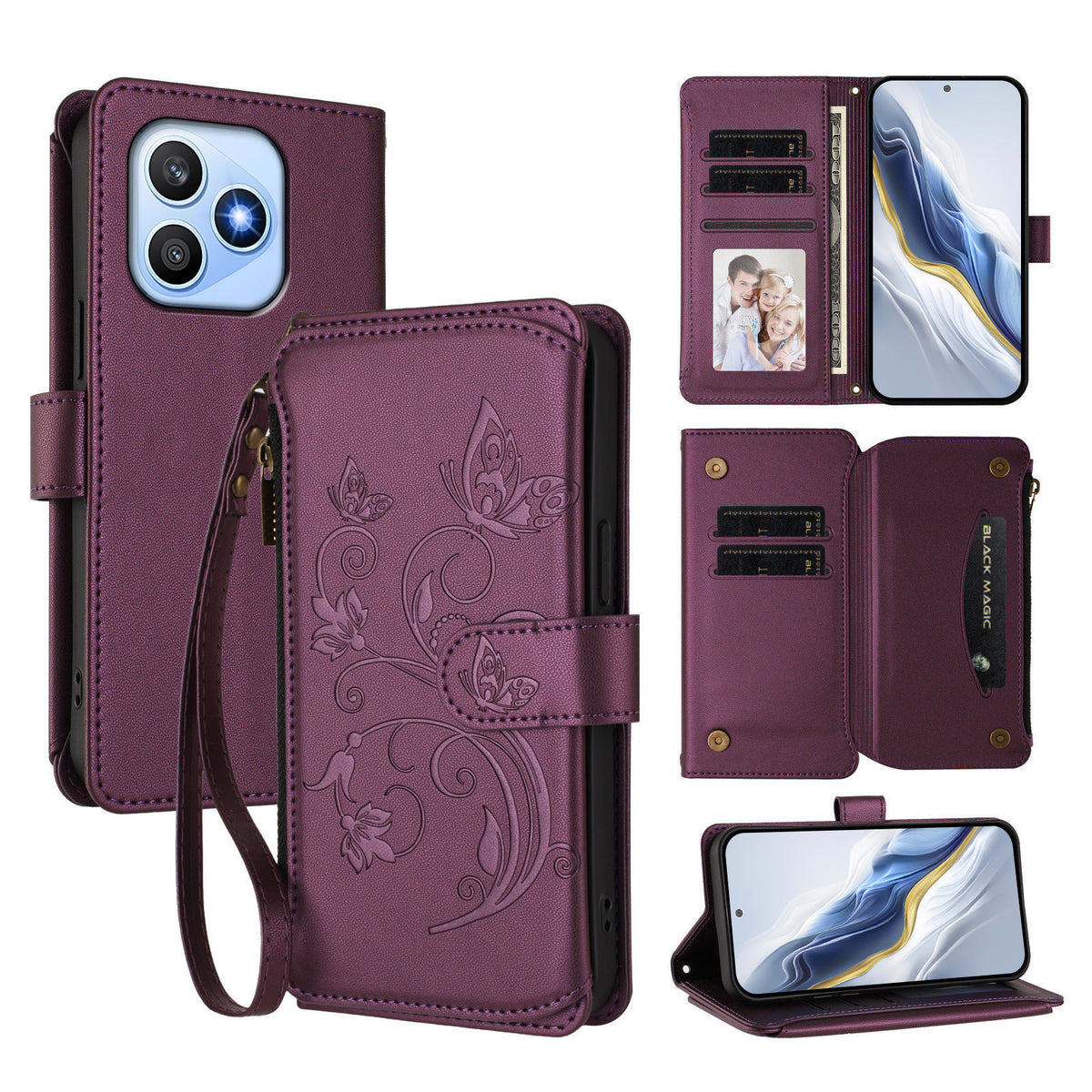 For Honor X8d 4G Læder Cover Sommerfugl Blomsterpræg Lynlås Pung Stativ Etui med Håndrem