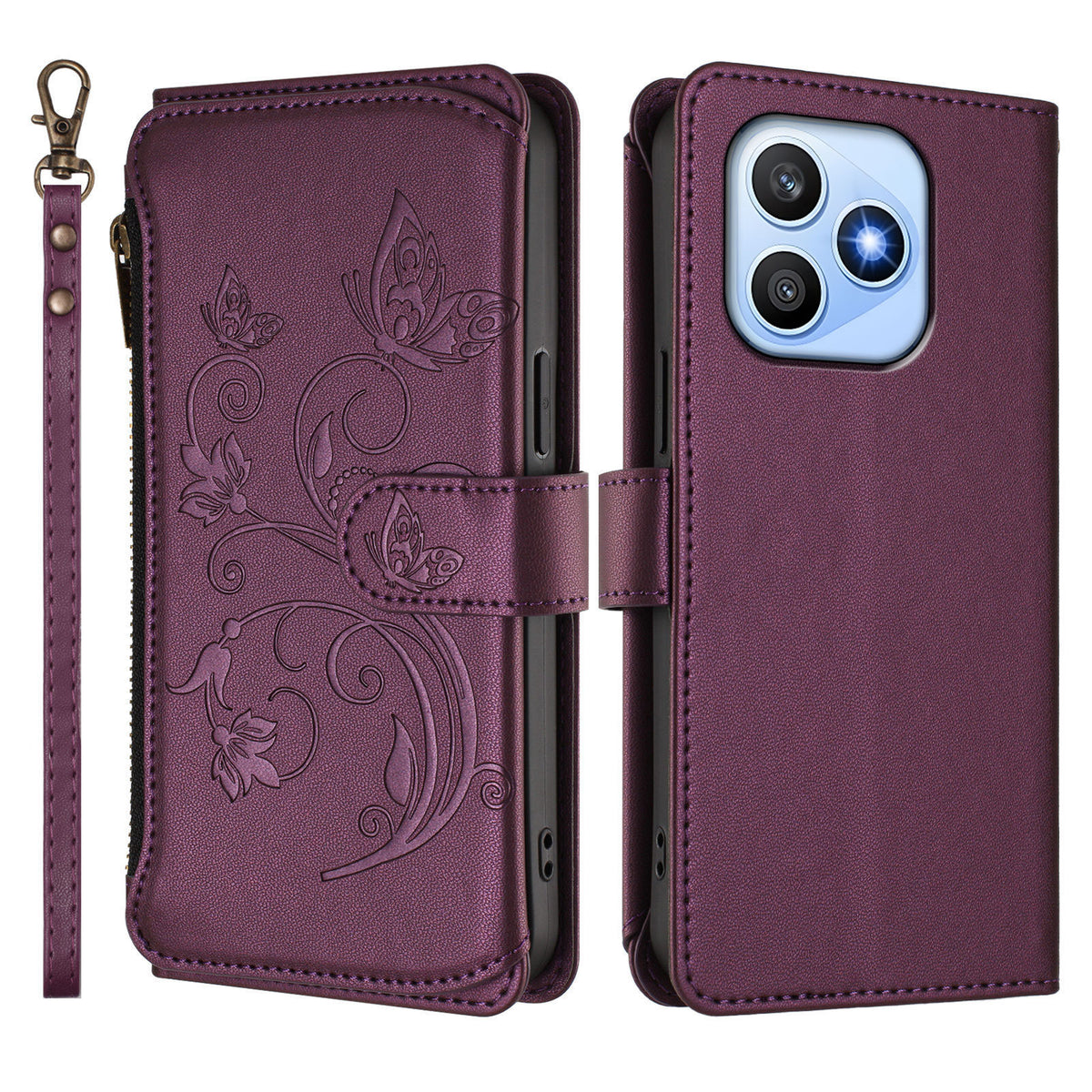 For Honor X8d 4G Læder Cover Sommerfugl Blomsterpræg Lynlås Pung Stativ Etui med Håndrem