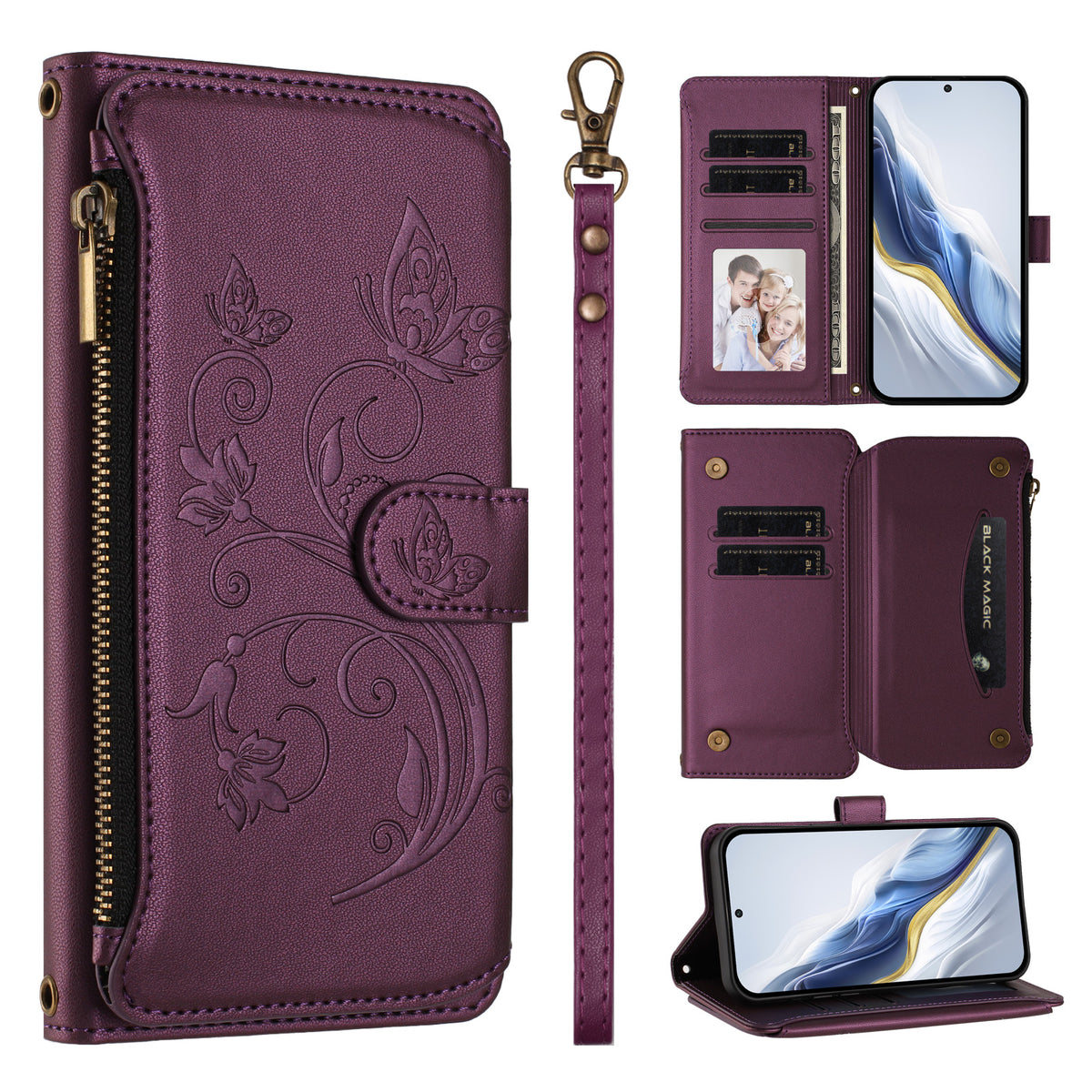 For Honor X8d 4G Læder Cover Sommerfugl Blomsterpræg Lynlås Pung Stativ Etui med Håndrem