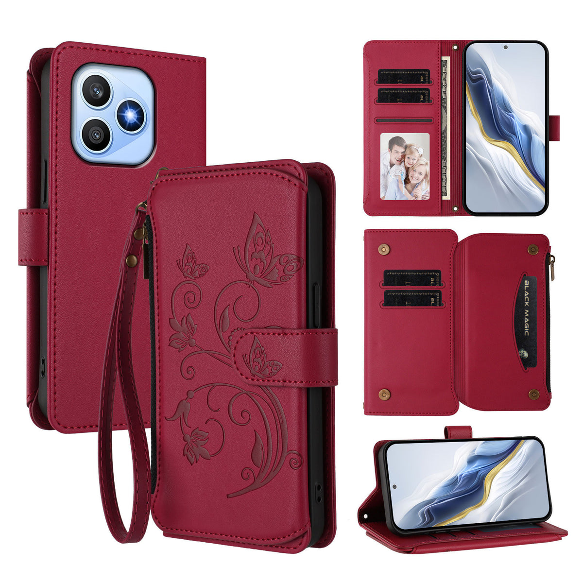 For Honor X8d 4G Læder Cover Sommerfugl Blomsterpræg Lynlås Pung Stativ Etui med Håndrem