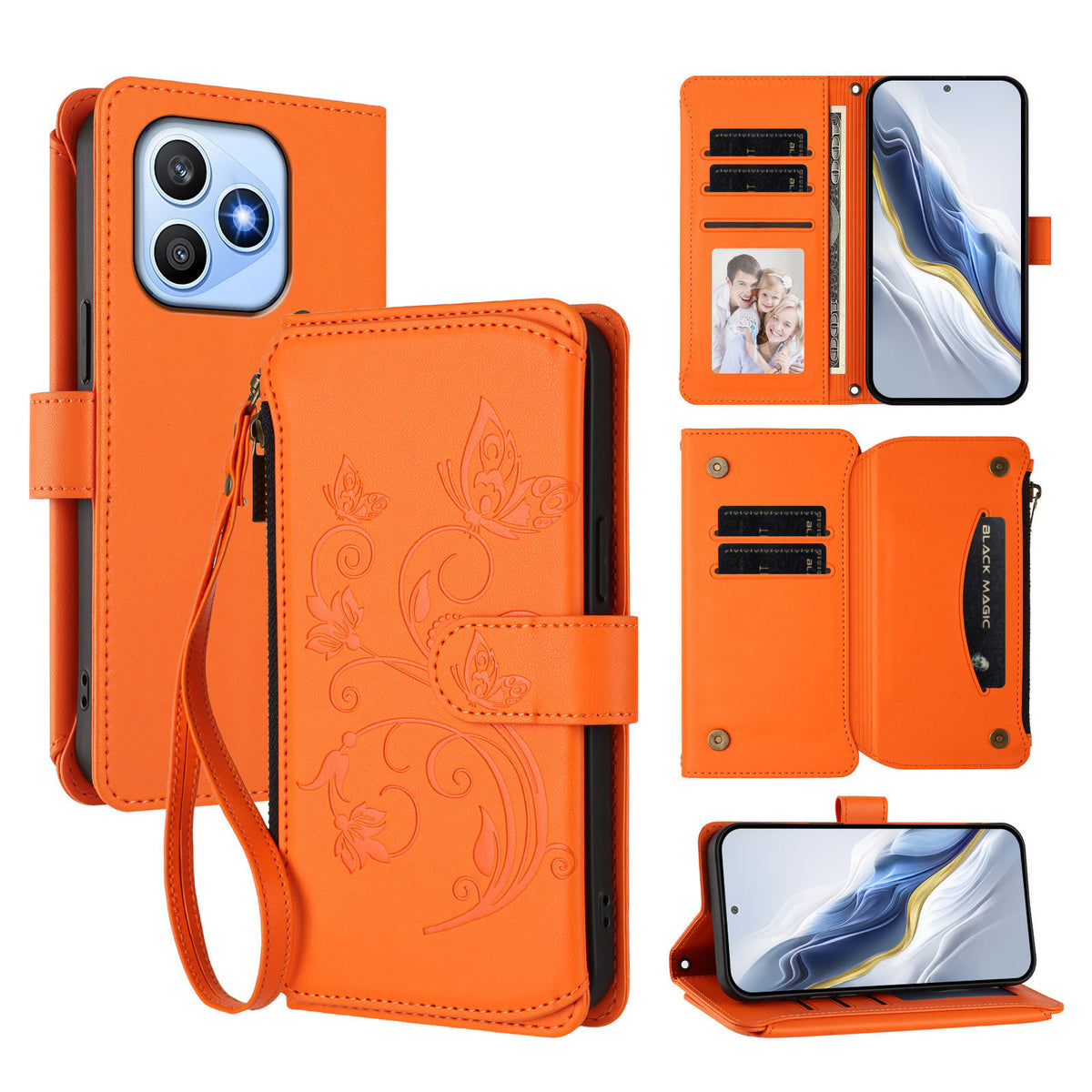 For Honor X8d 4G Læder Cover Sommerfugl Blomsterpræg Lynlås Pung Stativ Etui med Håndrem