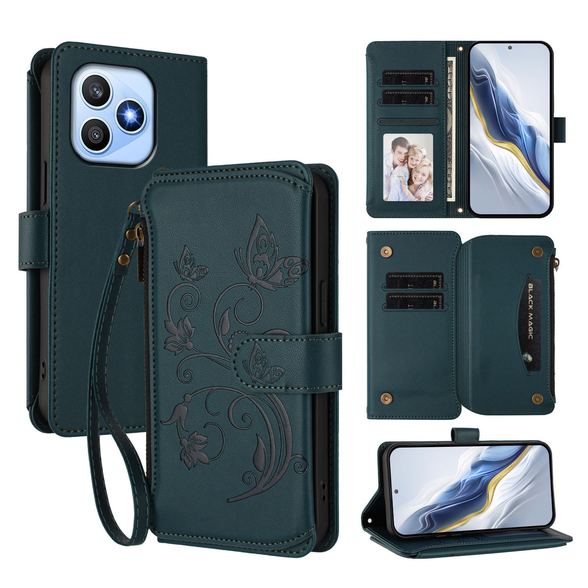 For Honor X8d 4G Læder Cover Sommerfugl Blomsterpræg Lynlås Pung Stativ Etui med Håndrem