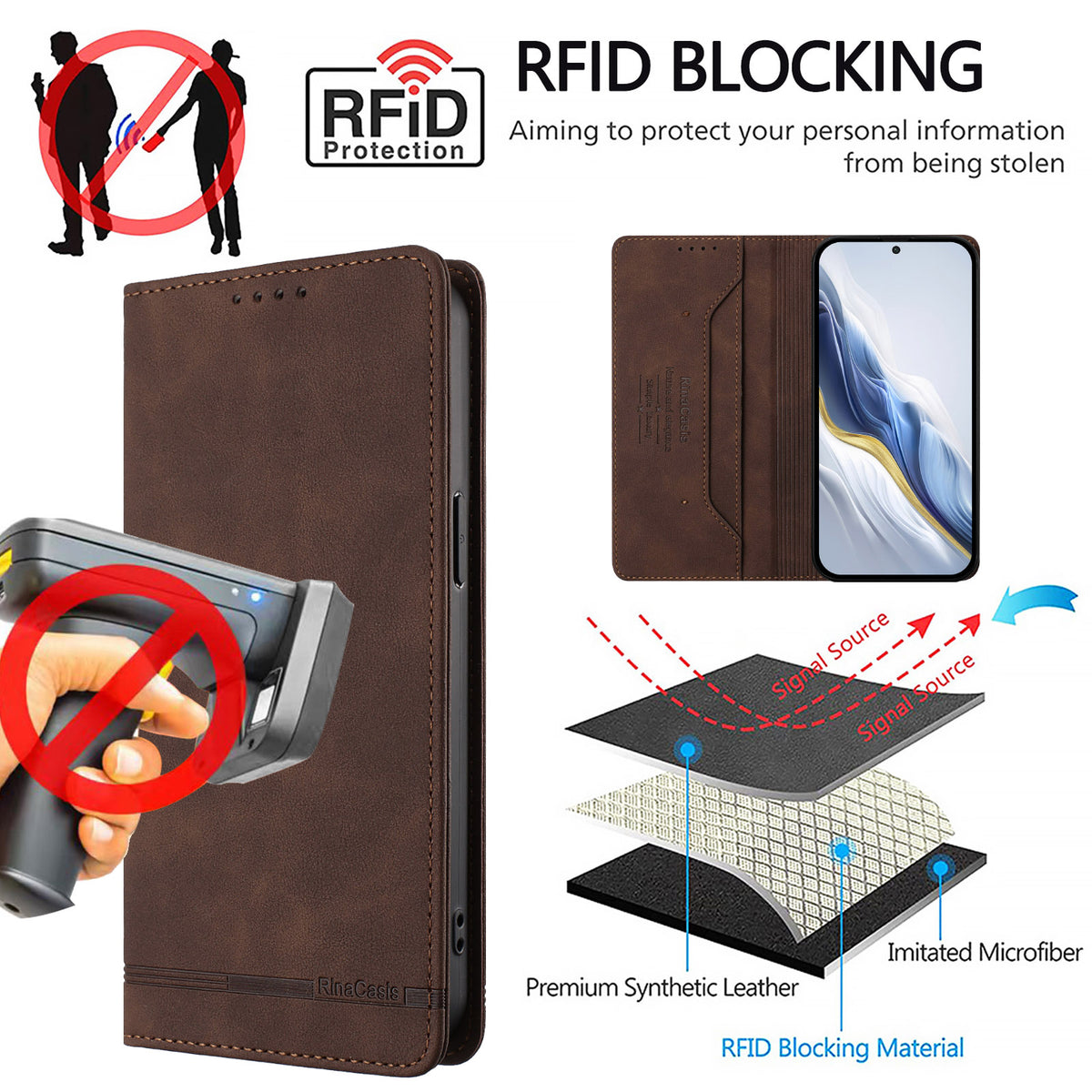 For Honor X8d 4G Case RINACASIS RC23 RFID Blocking Wallet Stand PU Leather Phone Cover